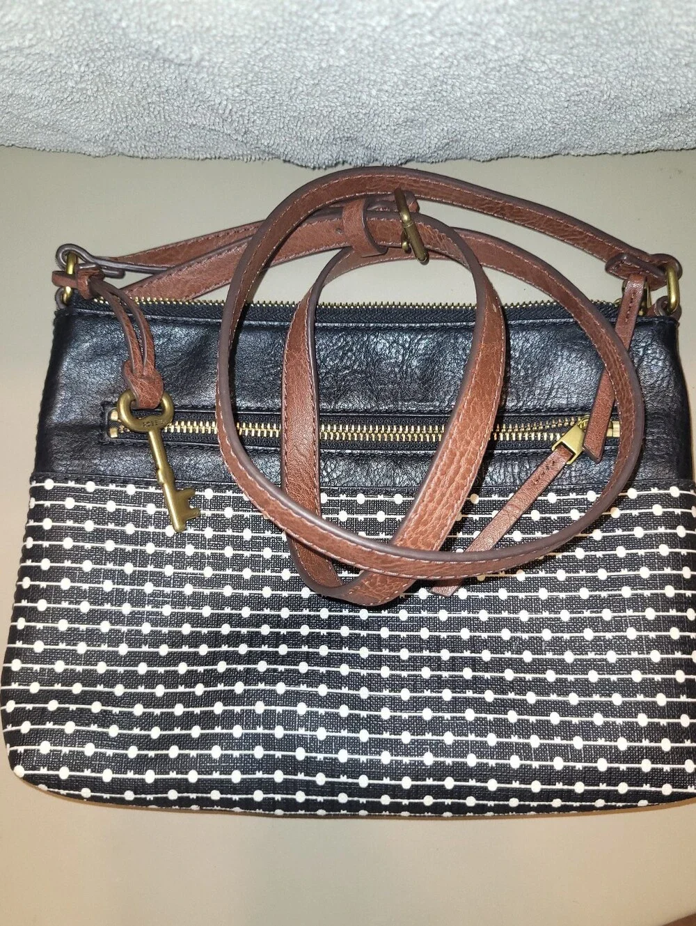 Fossil Black & White Patterned Crossbody with Brown Strap.
